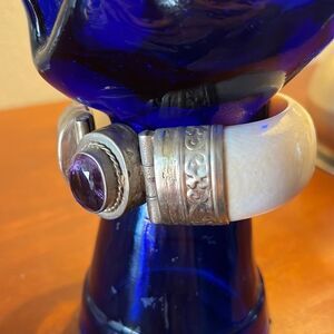 Antique tusk ivory amethyst, silver tone hinged bracelet cuff bangle